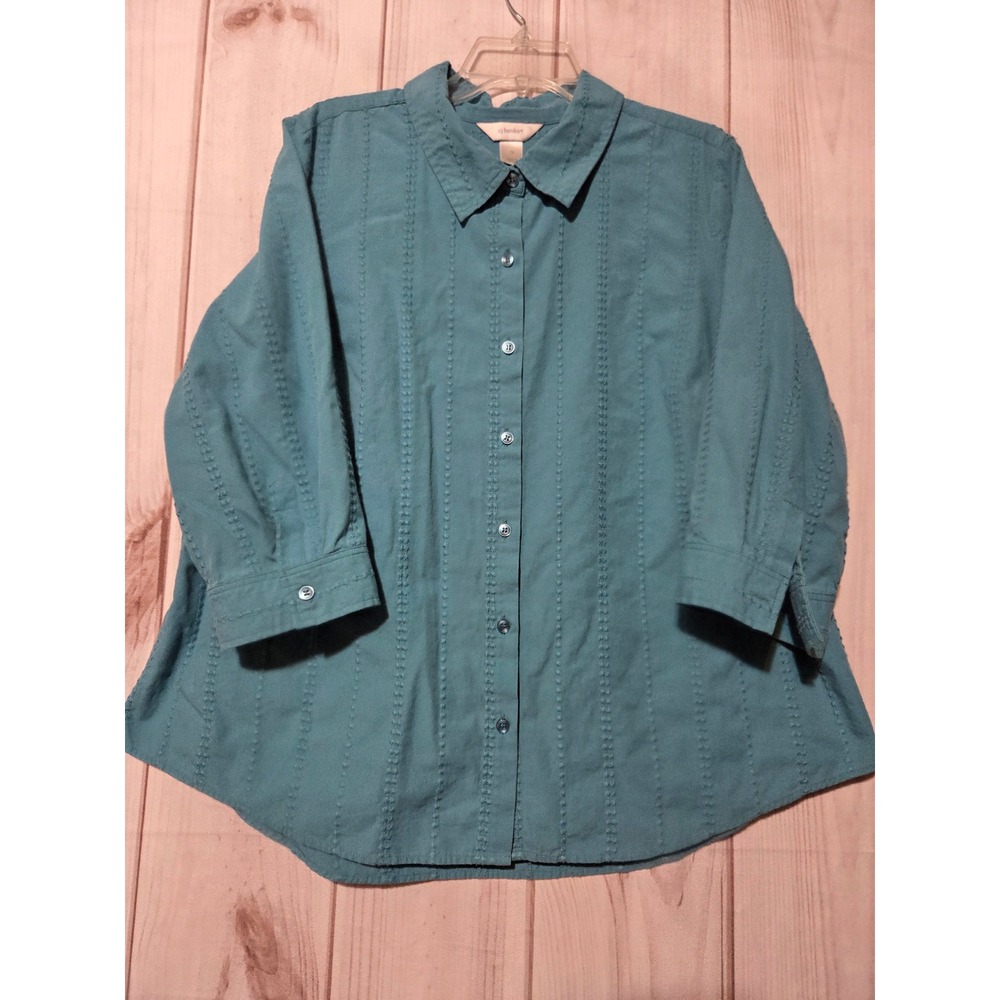 CJ Banks Womens 1X Teal Blue Textured Stripe Button Down Cotton Shirt Top